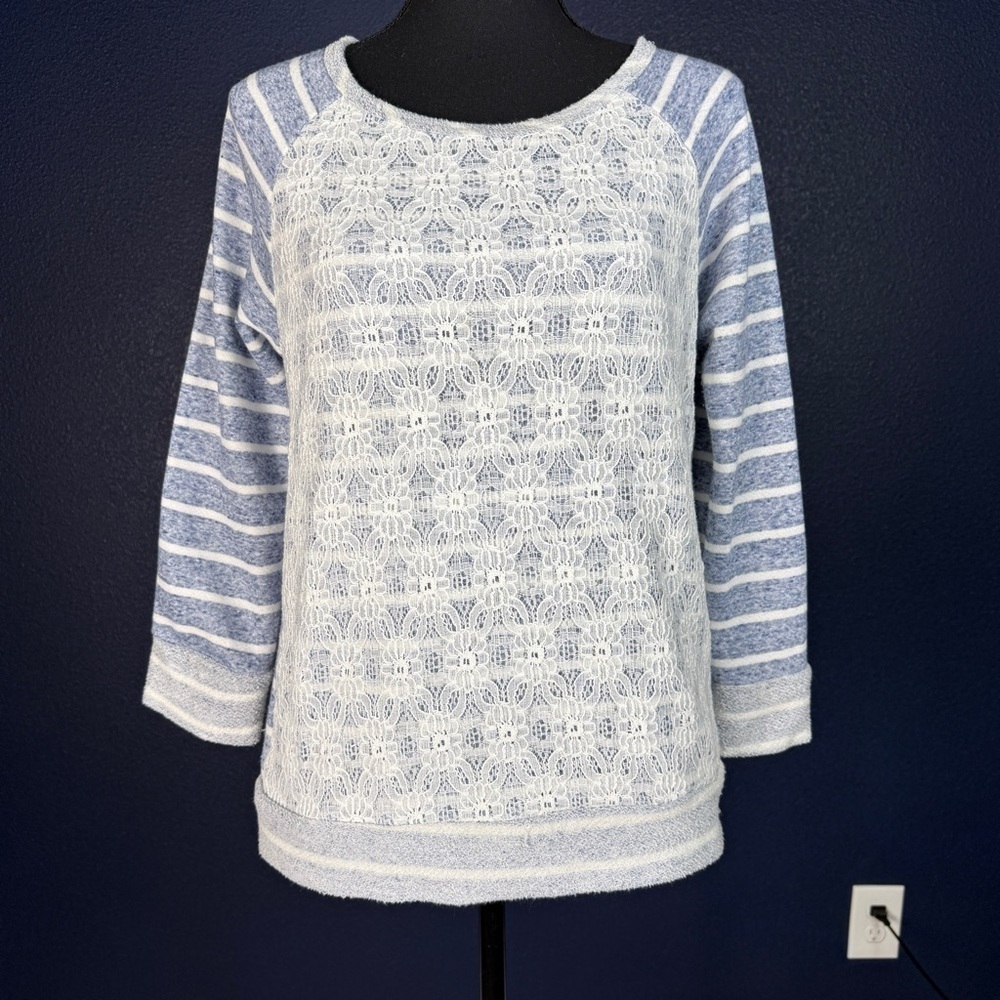Garnet Hill Lace Front Striped Sweater, Blue & White, Size Large